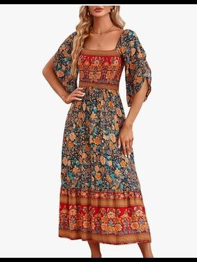 Bohemian Floral Square-Neck Maxi Dress in Blue & Red